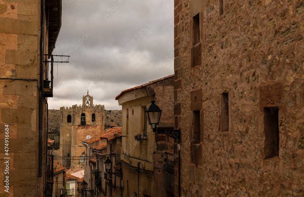 Panorama of small town, Siguenza, Spain, with church tower in bakground