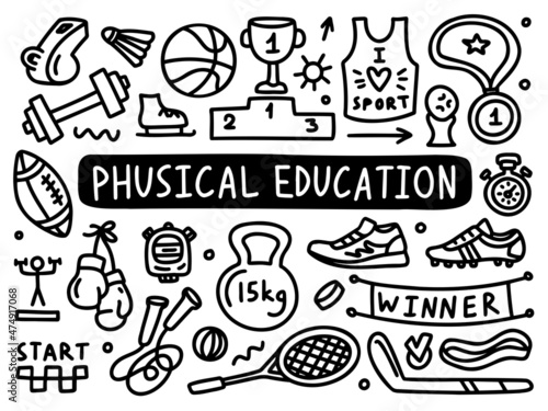Sport Physical culture doodle line set school university. Outline subject. Vector illustration