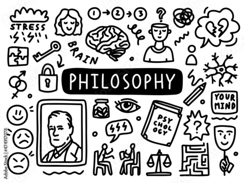 Philosophy doodle line set school university. Outline subject. Vector illustration