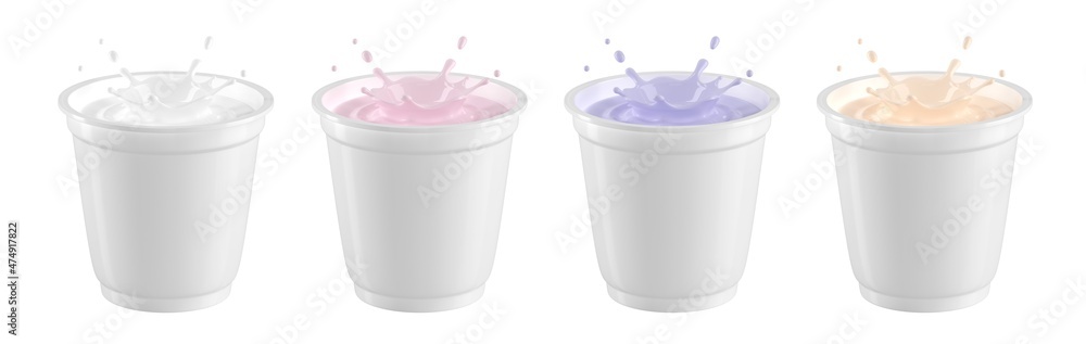 A set of plastic yoghurt packaging for different tastes.
Yogurt splash in packaging for mocap.Isolated on white background. 3D illustration