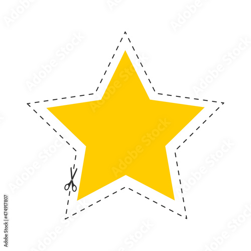 Scissors cutting star shape with dotted outline line. Cut here pictogram for paper discount coupons, vouchers, promo codes. Vector flat illustration.