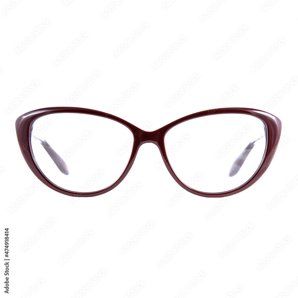 Fototapeta premium Sun goggles and glasses for vision in red frames Red glasses frames on white background