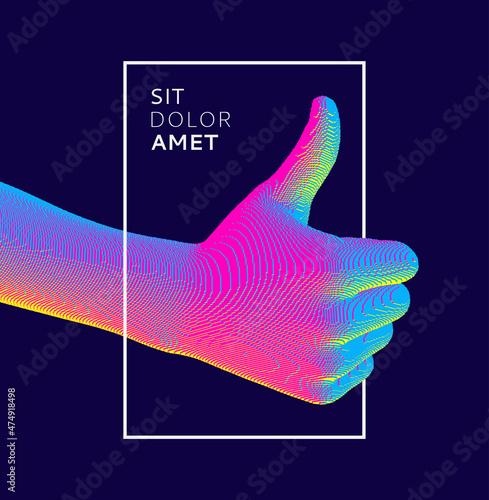 Thumbs up symbol. Hand show like or good. Sign success and nice. Voxel art. 3D vector illustration.
