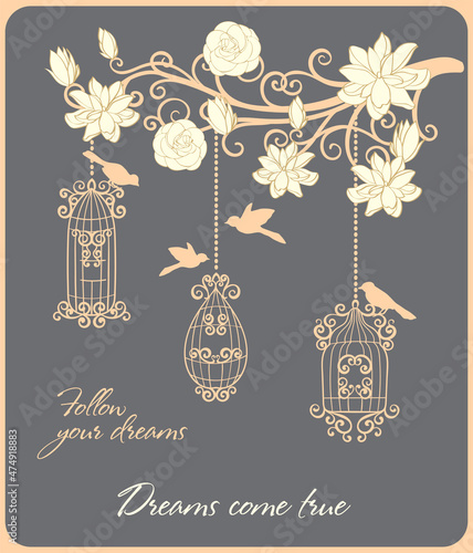 Branch with flowers and birds with cages 
