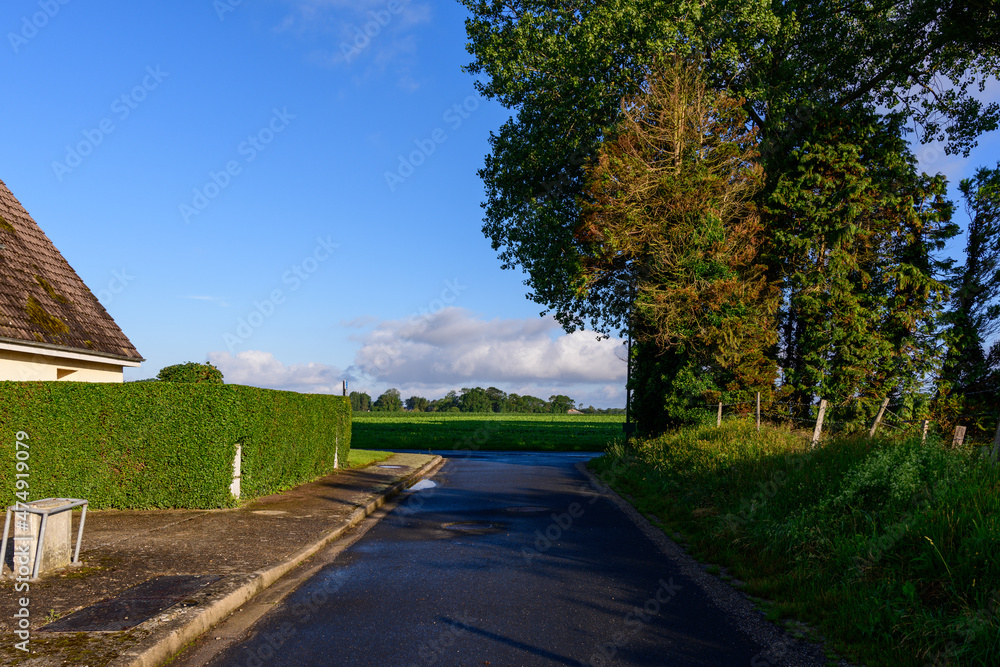 The exit from the traditional French village of Saint Sylvain in Europe, France, Normandy, towards Veules les Roses, in summer, on a sunny day.