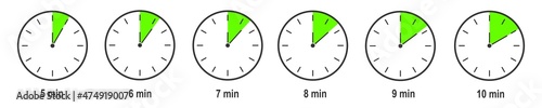 Timer icons with 5, 6, 7, 8, 9, 10 minute time interval. Countdown clock or stopwatch symbols. Infographic elements for cooking preparing instruction. Vector flat illustration.