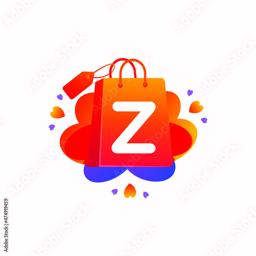 Z letter with love shopping bag icon and Sale tag vector element design. Z alphabet illustration template for corporate identity, Special offer tag, Super Sale label, sticker, poster etc.