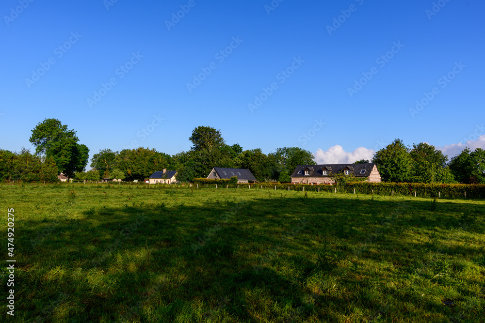 The fields in front of a traditional French village of Saint Sylvain in Europe, France, Normandy, towards Veules les Roses, in summer, on a sunny day.