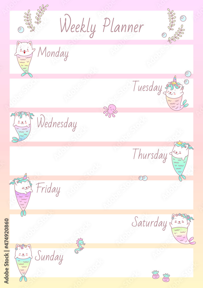 Weekly Planner. Cute organizer decorated with little mermaid kittens and sea creatures. Vector 10 ESP.