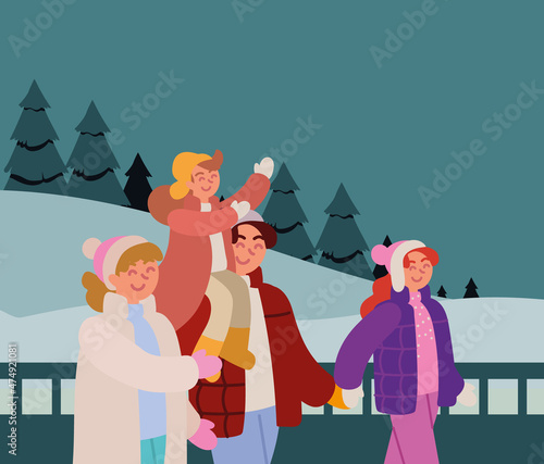 family walking winter scene