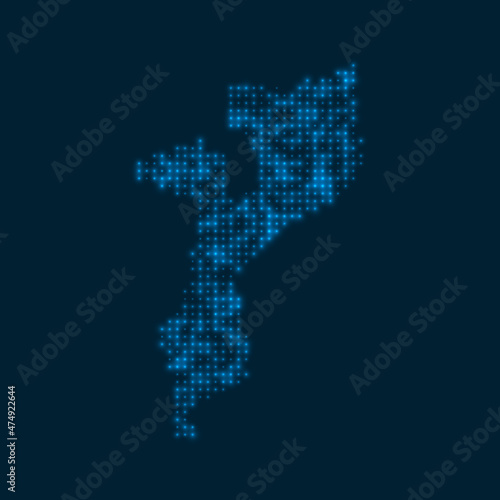 Mozambique dotted glowing map. Shape of the country with blue bright bulbs. Vector illustration.