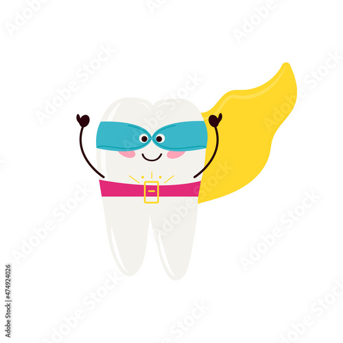 milk tooth superhero. Cute character in kawaii style. Brave kid. The isolated image on a white background. Vector illustration, doodle