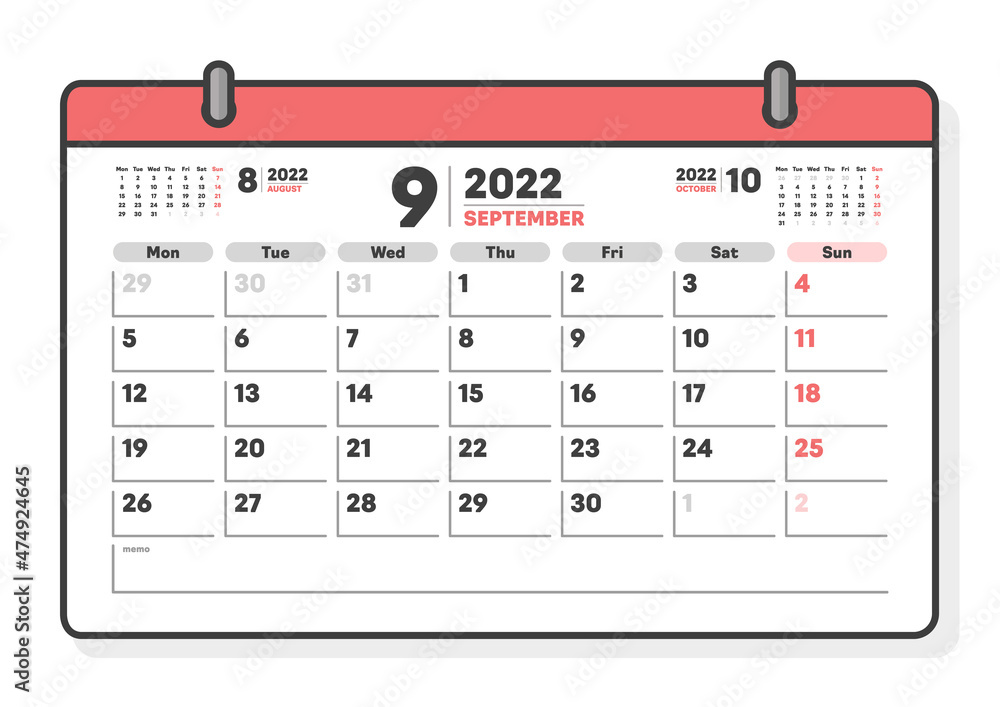 22年9月のマンスリーカレンダー シンプルで見やすい月曜始まりの月めくりカレンダー 3ヶ月分 Stock Vector Adobe Stock