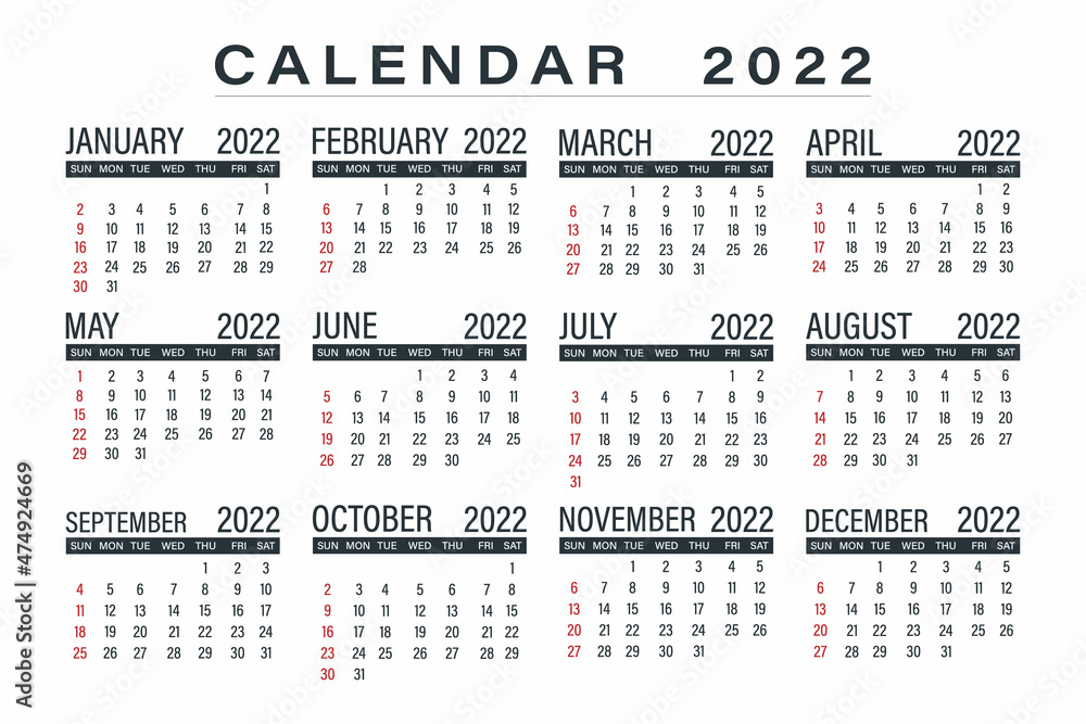 Monthly calendar for 2022 year. Week start Sunday corporate design planner template. Isolated vector illustration. Monthly calendar for 2022 year. Week start Sunday corporate design planner template. Isolated vector illustration.