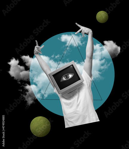 Contemporary art collage of cheerful man with retro computer screen isolated over surrealistic black background photo