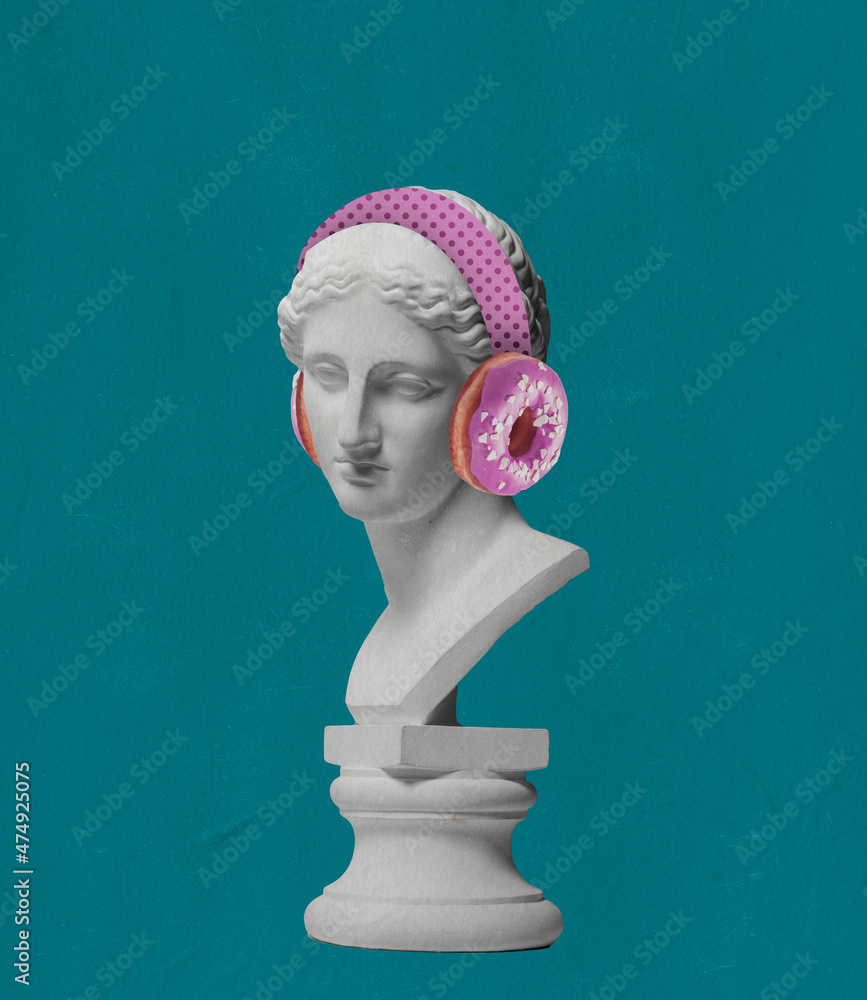 Contemporary art collage antique statue bust in modern pink headphones with donut element isolated over green background - obrazy, fototapety, plakaty 
