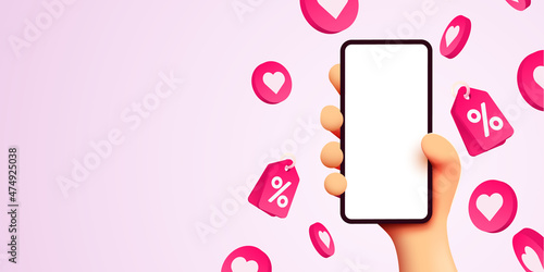 Hand holding mobile smart phone with shopp app. Online shopping concept.