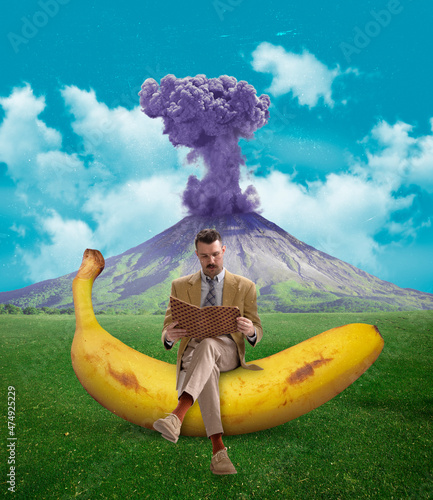 Obraz na płótnie Contemporary art collage of man sitting on banana and reading notebook isolated