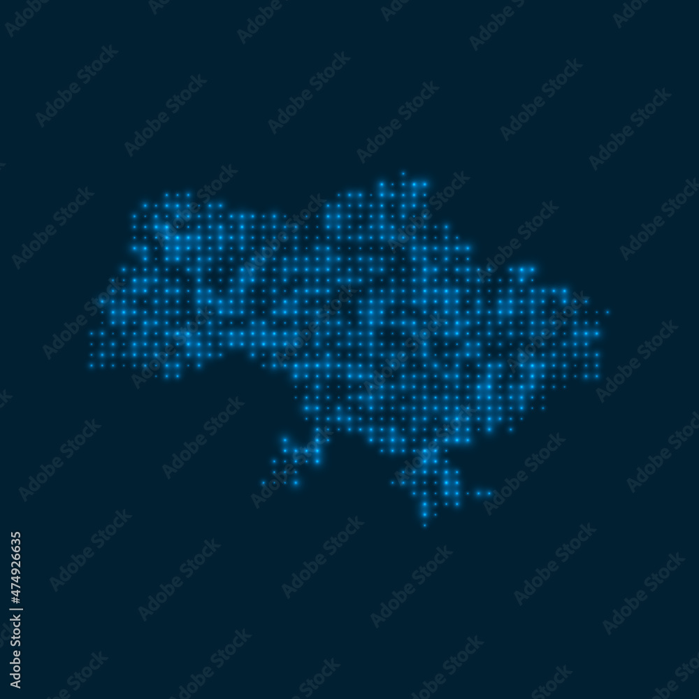 Ukraine dotted glowing map. Shape of the country with blue bright bulbs. Vector illustration.