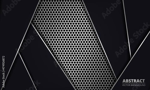 Silver honeycomb textured grid with black shapes. Grey metal hexagonal carbon fiber abstract background. Futuristic, modern, luxury metallic abstract background. Vector illustration