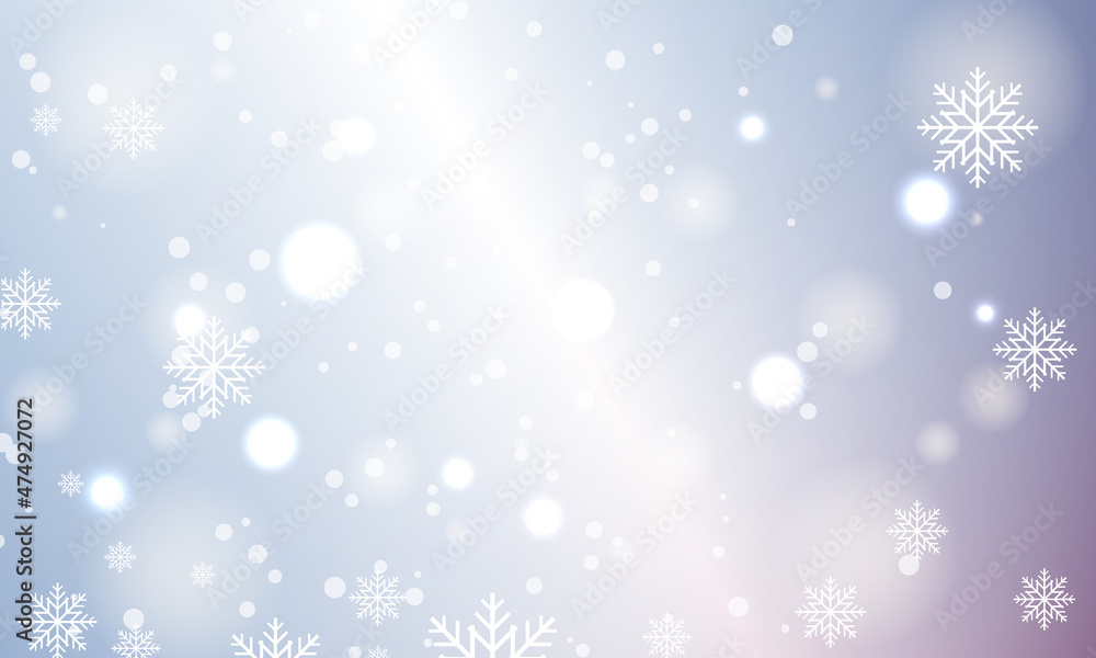 Light blue festive background with bokeh lights and snowflakes, merry christmas and happy new year. Celebration background template. Vector illustration