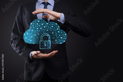 Cloud technology. Polygonal wireframe cloud storage sign with padlock on dark blue. Cloud computing, big data center, future infrastructure, digital ai concept. Virtual hosting symbol