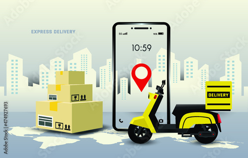 Delivery package by Motorcycle on a mobile phone. The location pinpoint is on the smartphone. Design for illustration Transportation, banner, background, website, app. boxes placed on the floor.