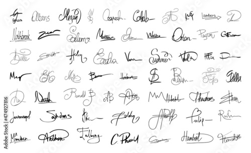 Set of handwritten signatures in black pen. Autographs on a white background. photo