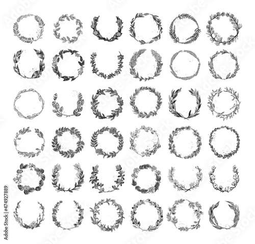 Collection of monochrome illustrations of wreaths in sketch style. Hand drawings in art ink style. Black and white graphics.