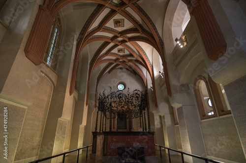 Prague, Czech Republic, June 2019 - inner view of Pinkas Synagogue at Prague's Jewish Quarter