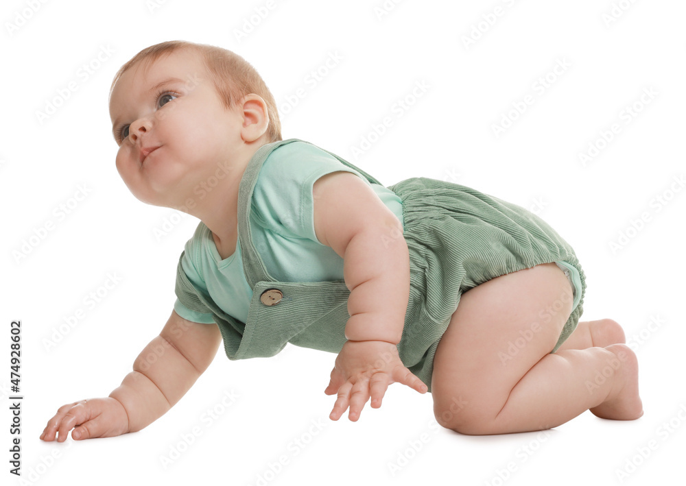 Cute little baby crawling on white background Cute little baby crawling on white background