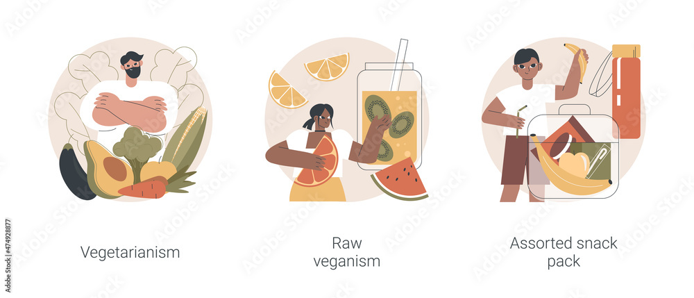 Fototapeta premium Organic food diet abstract concept vector illustration set. Vegetarianism and raw veganism, assorted snack pack, body detox, healthy nutrition, green salad, sate hunger, food abstract metaphor.
