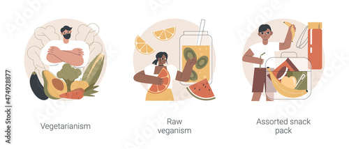 Organic food diet abstract concept vector illustration set. Vegetarianism and raw veganism, assorted snack pack, body detox, healthy nutrition, green salad, sate hunger, food abstract metaphor.