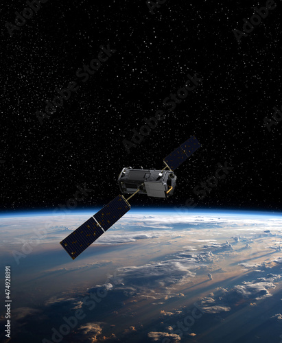 Fototapeta Naklejka Na Ścianę i Meble -  Cargo space craft Earth planet.Dark background. Sci-fi wallpaper.Space Station Orbiting Earth.Space ship.Space art wallpaper.Solar Observatory.Elements of this image furnished by NASA.3D illustration