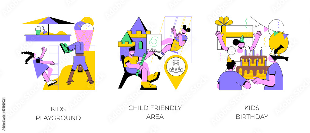 Children entertainment abstract concept vector illustration set. Kids playground, child friendly area, kids birthday, family restaurant, shopping mall, party ideas, celebration abstract metaphor.