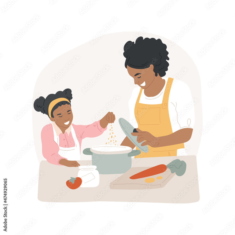 Cooking with mom isolated cartoon vector illustration. Child cooking with mom, kitchen help, parental child care, household activity, homebased daycare, make food cartoon vector. Cooking with mom isolated cartoon vector illustration. Child cooking with mom, kitchen help, parental child care, household activity, homebased daycare, make food cartoon vector.