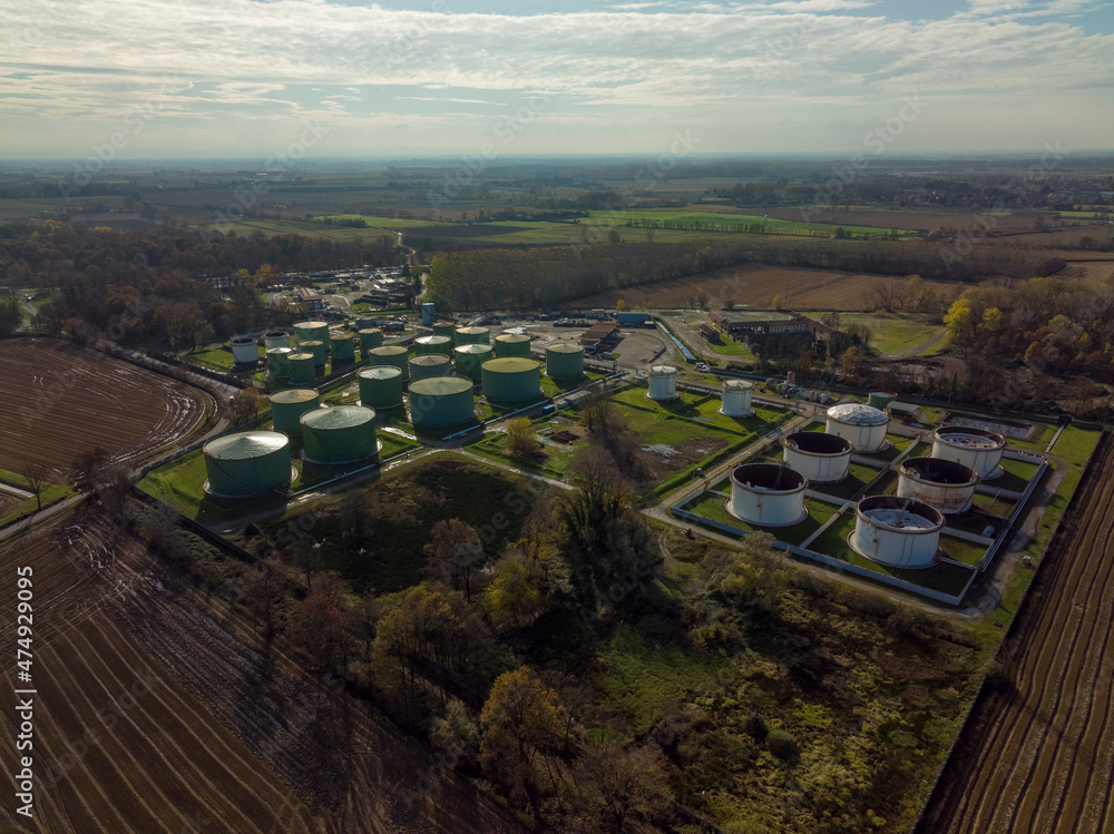 Aerial view of steel round Oil Storage Tanks, storage and handling services for petroleum products.