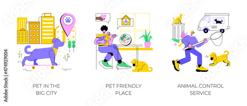 Pet ownership abstract concept vector illustration set. Pet in the big city, dog friendly place, animal control service, walking place, rescue service, stray dogs and cats abstract metaphor.