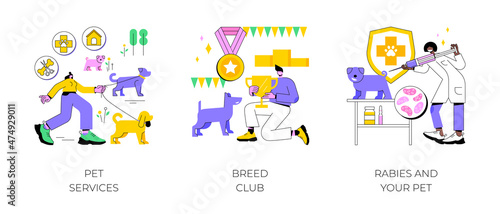 Animal care services abstract concept vector illustration set. Pet services, breed club, rabies and pet, dog walking, grooming salon, dog standard, training service, vaccination abstract metaphor.