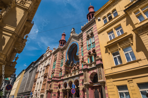 Prague, Czech Republic, June 2019 - view of Prague's Jerusalem Synagogue