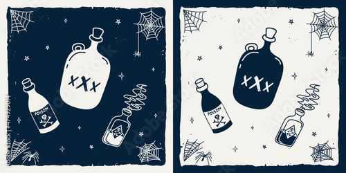 Moonshine and poison bottles cartoon retro vintage illustrations in 1930s style
