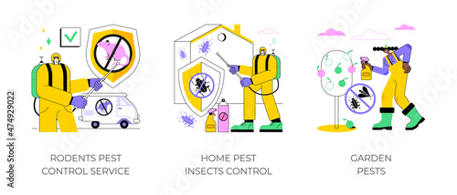 House and garden protection abstract concept vector illustration set. Rodents pest control service, home insects control, garden pests, rats trapping, vermin exterminator abstract metaphor.