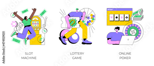 Gambling abstract concept vector illustration set. Slot machine, lottery game ticket, online poker, casino and bingo, jackpot win, internet gambling addiction, big prize TV show abstract metaphor.