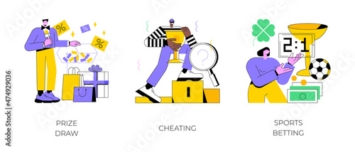 Bookmaker market abstract concept vector illustration set. Prize draw, cheating, sports betting mobile app, computer games, online e-sport gambling, winner strategy, competition abstract metaphor.
