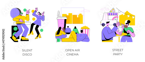 City enternainment abstract concept vector illustration set. Silent disco, open air cinema, street party, club event, DJ set streaming, movie theater, buy ticket online, outdoor fun abstract metaphor.