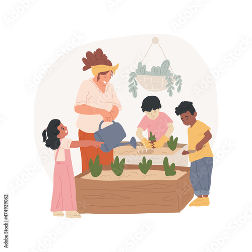 Farm trip isolated cartoon vector illustration. Farm visit, nature exposure, farming fieldtrip, adult with group of children, gardening experience for kids, homeschooling trip cartoon vector.