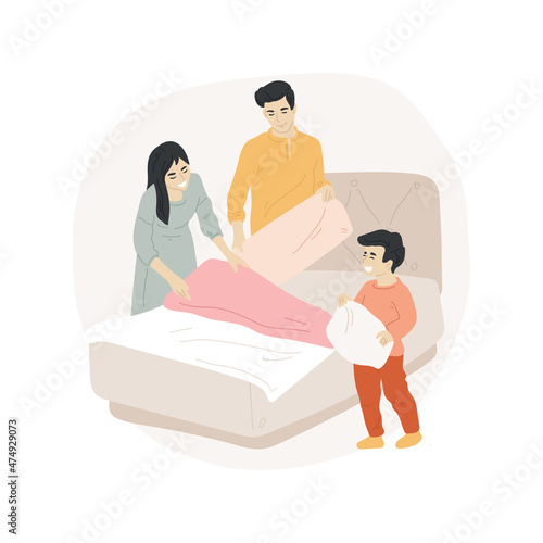 Teach making bed isolated cartoon vector illustration. Mother teaches child to make bed, household maintenance skill, child put linen, homebased daycare, homeschooling activity cartoon vector.