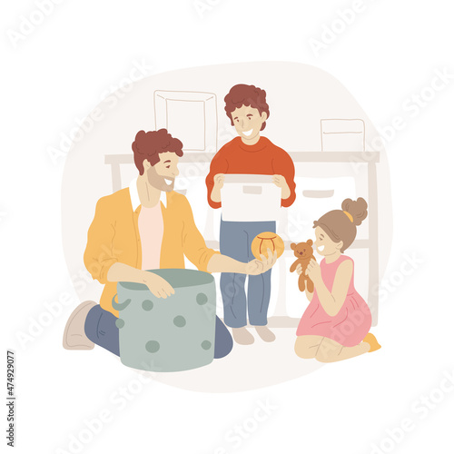 Clean up toys isolated cartoon vector illustration. Teach organizing toys, kid puts things in labeled bin, clean up help, home education, maintenance skill, cleaning house cartoon vector.