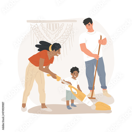 Teach vacuum cleaning isolated cartoon vector illustration. Family cleaning house together, teach child to use vacuum cleaner, household maintenance, early home education cartoon vector.