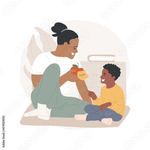 Labelling a household isolated cartoon vector illustration. Put stickers on things at home, child learning new word, language skills development, early family education, daycare cartoon vector.